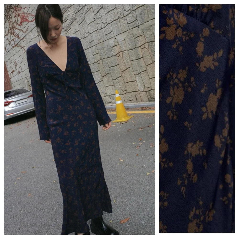 NWT. Zara Blue 100% Viscose Floral Print Midi Dress. Size M. - Picture 2 of 9